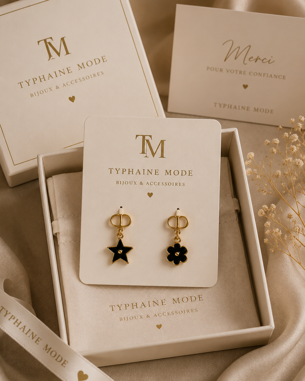 Boucles d’oreilles Duo Étoile & Fleur Noire | Acier inoxydable✨