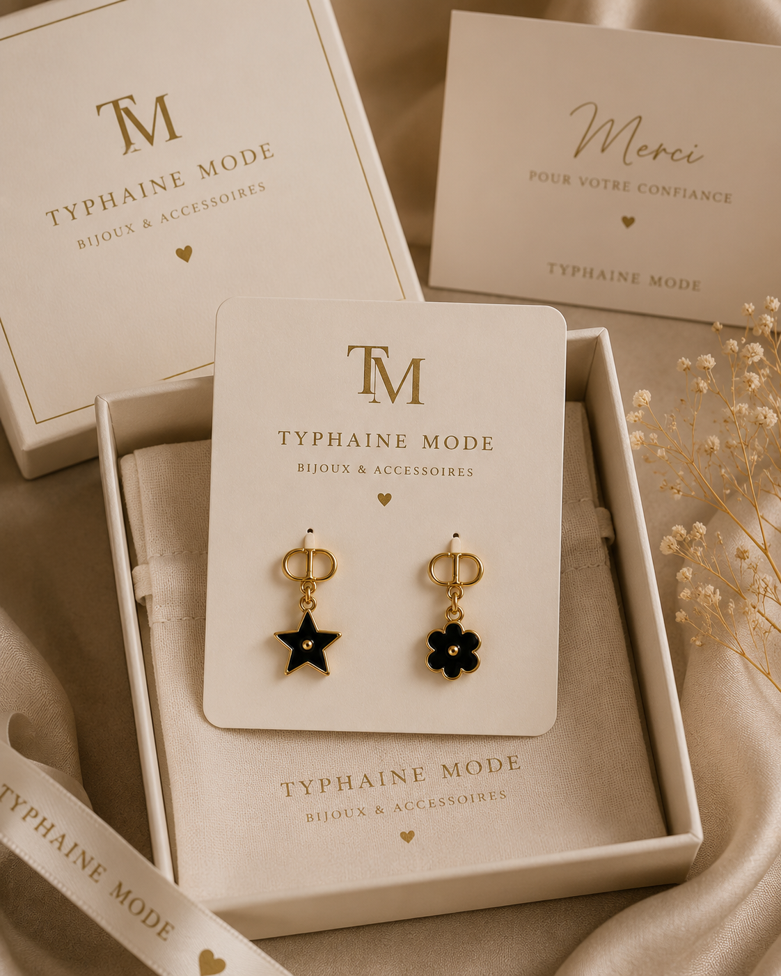 Boucles d’oreilles Duo Étoile & Fleur Noire | Acier inoxydable✨