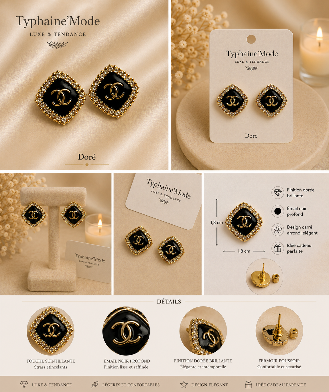 Boucles d’oreilles Prestige Noir & Or✨