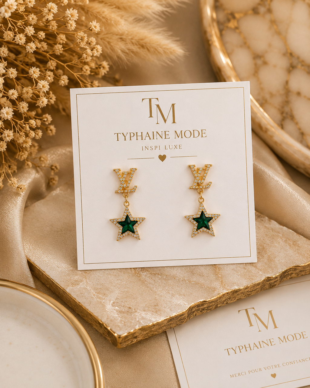Boucles d’oreilles Étoile Émeraude – Inspiration Luxe✨
