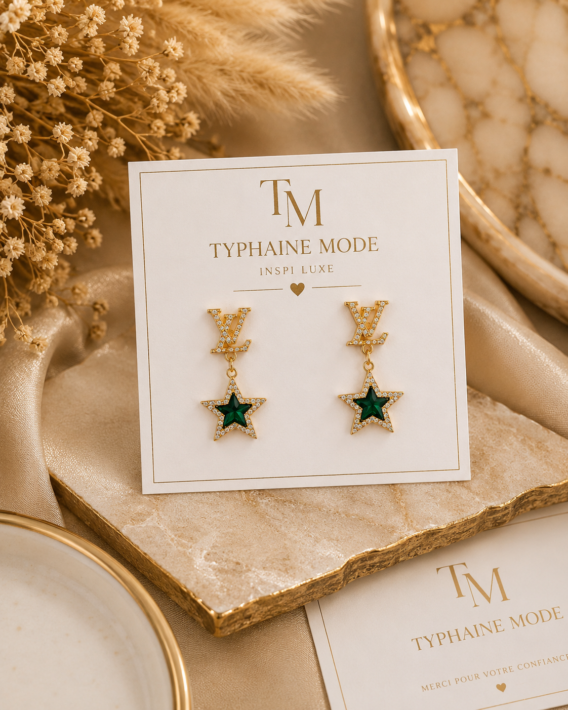 Boucles d’oreilles Étoile Émeraude – Inspiration Luxe✨