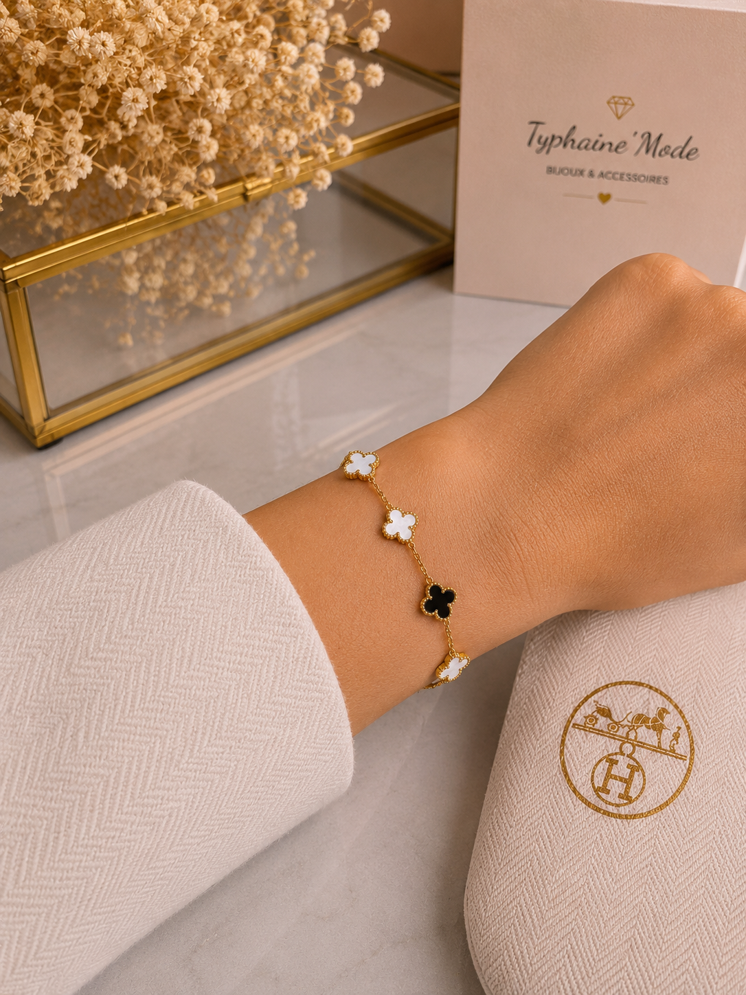 Bracelet Trèfles Noir & Blanc Doré✨