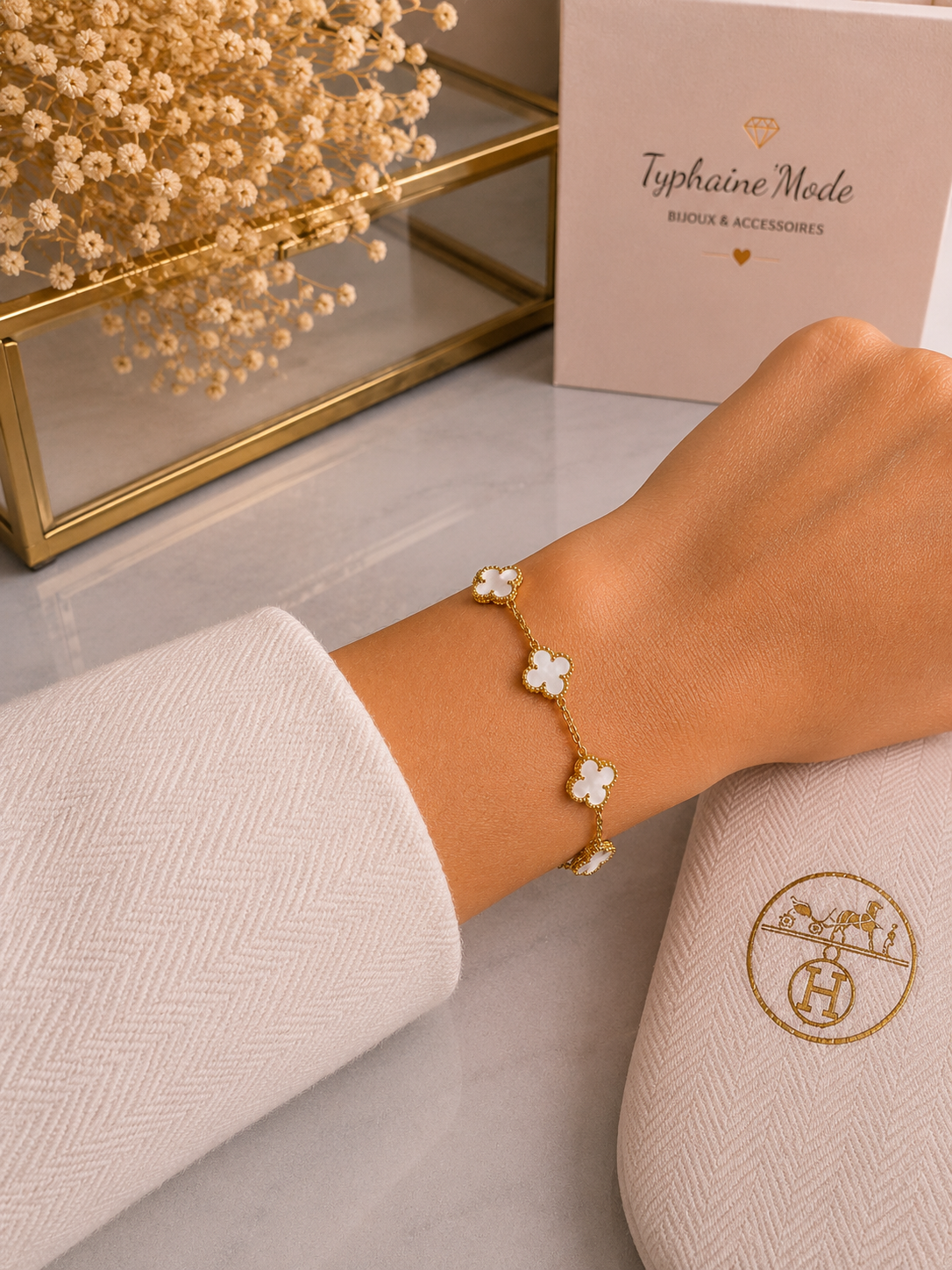 Bracelet Trèfle Nacre Blanche Doré✨